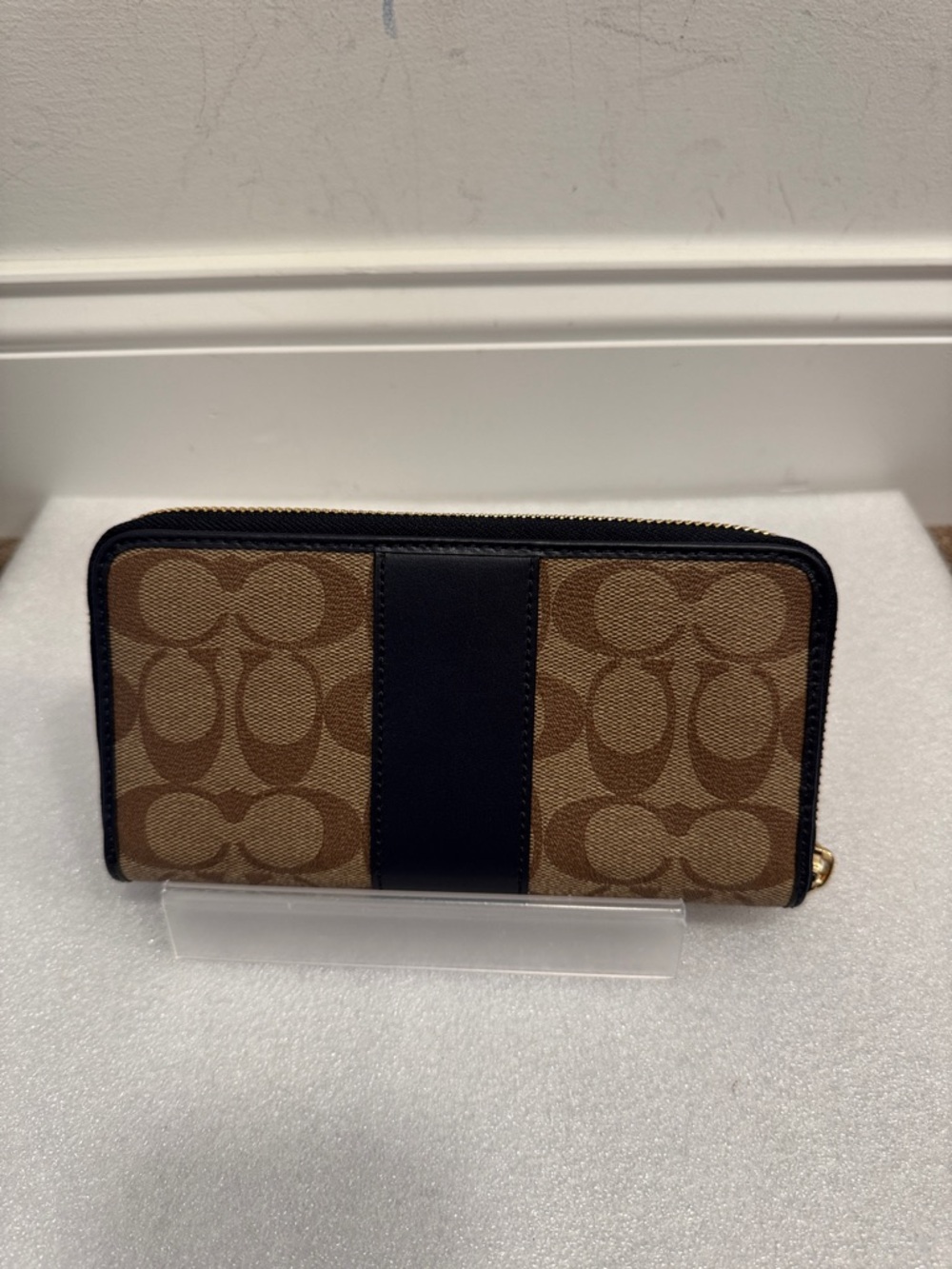 Coach Brown Monogram Zip Wallet with navy blue stripe wallet - Picture 2 of 6